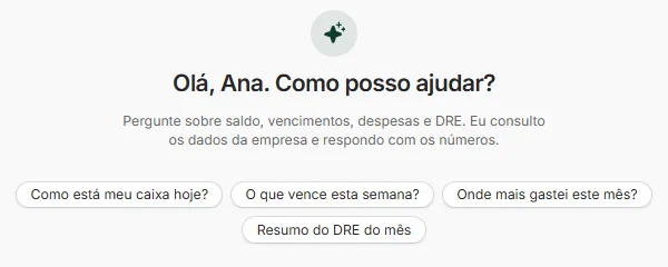Assistente do FCS com sugestões de perguntas sobre o caixa